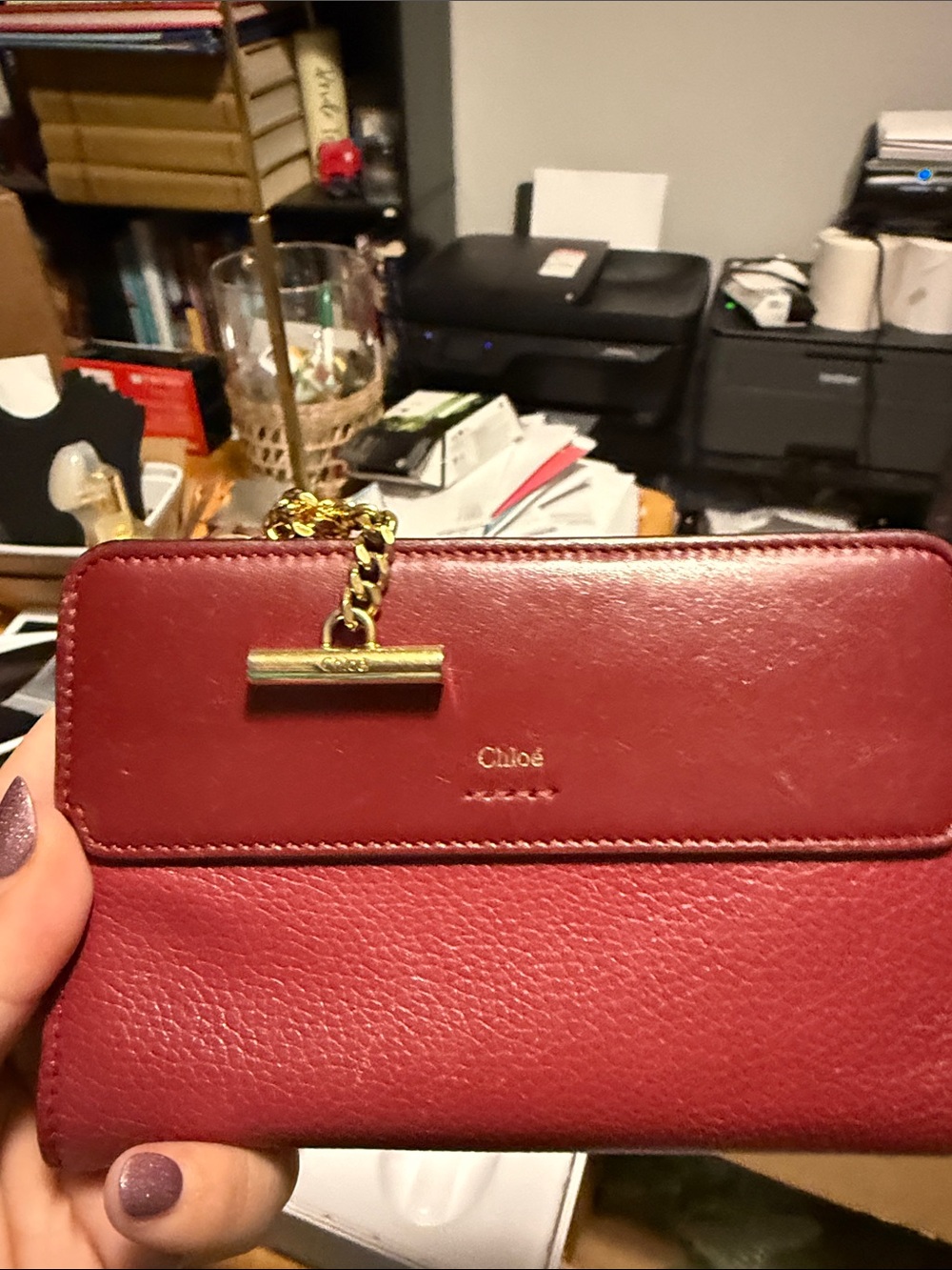 Chloe EUX Women's Leather Wallet Crossbody in Burgundy W/COA